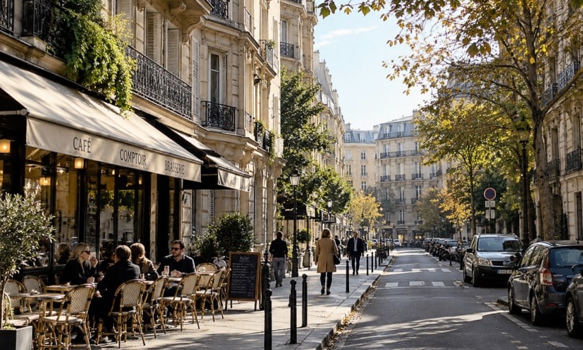 Rue tranquille au cœur de Paris avec une terrasse de café et des immeubles haussmanniens, par une journée ensoleillée d'automne